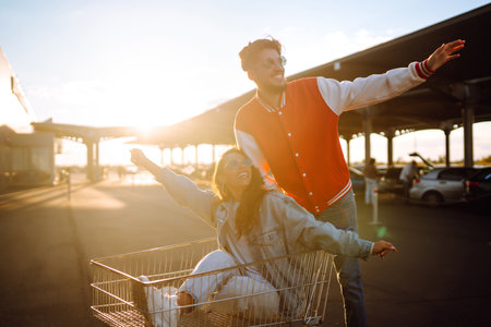 Stylish man and woman having fun and riding shopping cart. Lifestyle, leisure, youth concept.の写真素材
