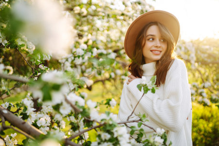 Beautiful young woman near blooming spring tree. Youth, love, fashion, romantic, lifestyle concept.の写真素材
