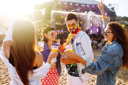 Group of friends with beer dancing and having fun at music festival together.Celebration concept.の写真素材