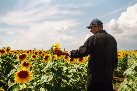 Farmer in the sunflower field. Harvesting, organic farming concept.の写真素材