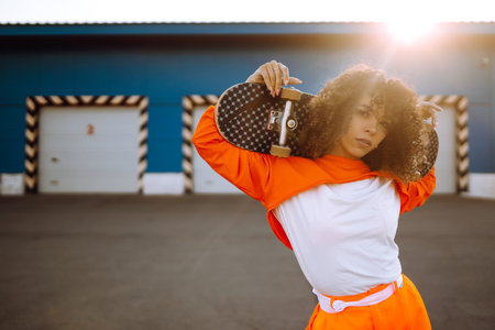 Beautiful African American woman posing with a skateboard. Hipster woman with curly hair with skateboard at sunset.の写真素材