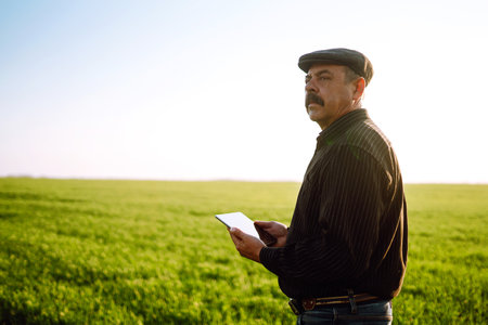 Owner farm using touch pad to check wheat quality in the field. Agronomist standing in wheat field.の写真素材
