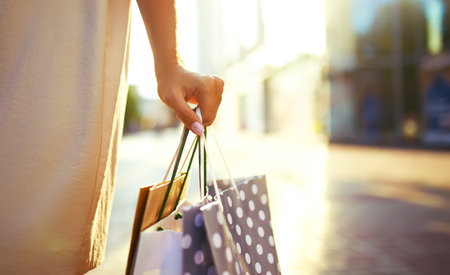 Beautiful girl with packages after shopping A picture of a group of happy friends shopping in the city.の写真素材