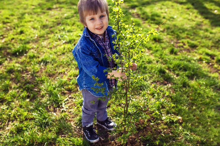 little boy helping his father to plant the tree while working together in the garden.
