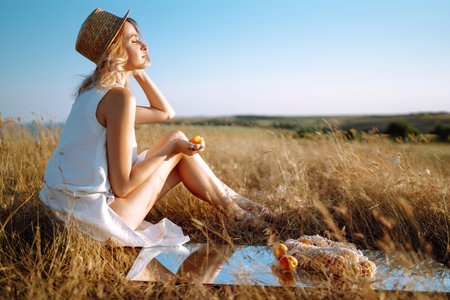 Summer Girl in a white dress and hat with a mirror in nature. The concept of relax, travel, freedom.の写真素材