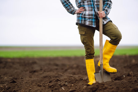 Female Worker digs soil with shovel in the vegetable garden. agriculture and tough work conceptの写真素材