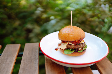 Fresh tasty burger on a plate. fast food. food concept.の写真素材