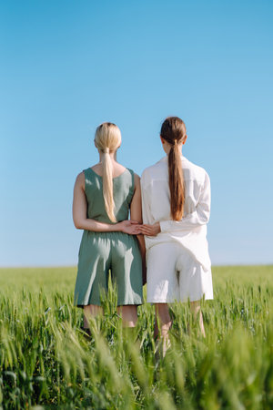 Two Beautiful woman in the green field. Nature, vacation, relax and lifestyle. summer landscape.の写真素材