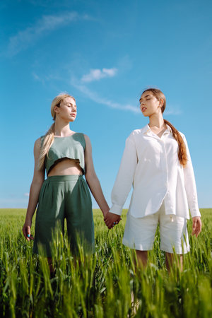 Two Beautiful woman in the green field. Nature, vacation, relax and lifestyle. summer landscape.の写真素材