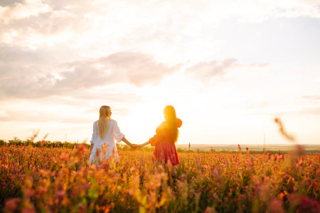 Two Beautiful woman in a field. Nature, fashion, vacation and lifestyle.の写真素材
