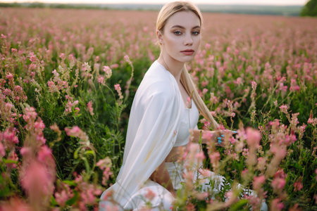 Beauty romantic girl Outdoors at sunset. Young woman in stylish clothes posing in the blooming field.の写真素材