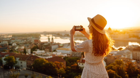 Travel Europe. Young woman enjoy sunrise. The concept of travel, tourism, vacation and freedom.の写真素材