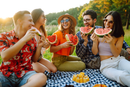 Group of young friends having picnic, eating watermelon, enjoy summer party. summer vacation conceptの写真素材