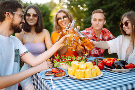Group of young friends having picnic toasting with beer in nature. Lifestyle, relaxation concept.の写真素材
