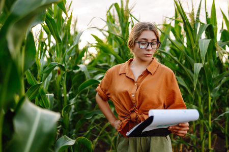 Farmer woman stands in field, inspects green corn plantation. agricultural industry. Harvest care.の写真素材