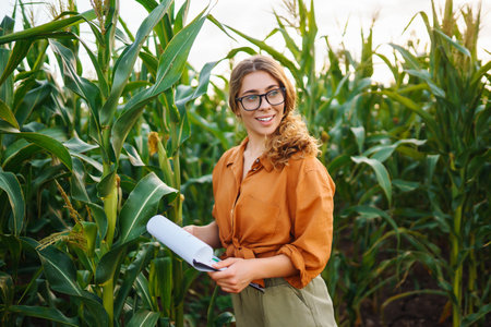 Farmer woman stands in field, inspects green corn plantation. agricultural industry. Harvest care.の写真素材