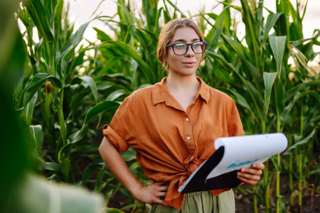 Farmer woman stands in field, inspects green corn plantation. agricultural industry. Harvest care.