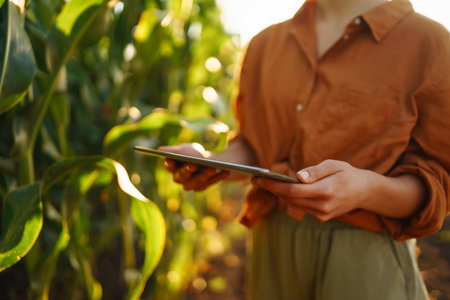 Smart farm Farmer female standing in corn field with tablet. Agriculture, gardening, ecology conceptの写真素材