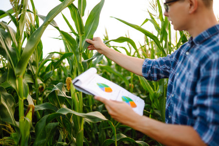 Young farmer standing in corn field examining crop. Harvest care concept.