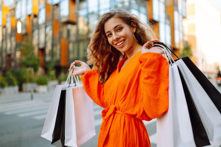 Stylish young woman with shopping bags walking down sunny street in bright dress. concept of sales.の写真素材