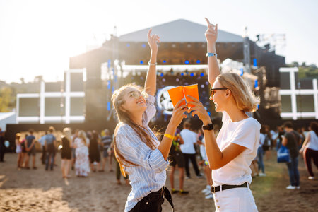 Two woman having great time at music festival. Girlfriends rinking beer at Beach party. lifestyle.の写真素材