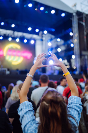 Using smartphone in public event, live music festival. Youth, party, vacation concept.の写真素材