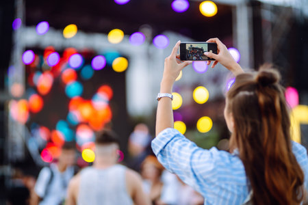 Using smartphone in public event, live music festival. Youth, party, vacation concept.の写真素材