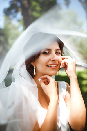 A beautiful portrait of the bride under a veil. Elegant woman with professional make up and hair style.の写真素材