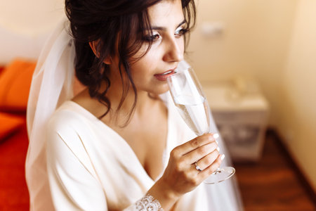 Elegant bride in white robe posing under curtain. Amazing bride in the morning preparation.の写真素材