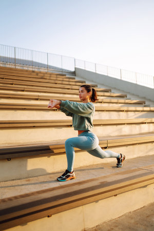 Young woman in sports outfit doing exercises outdoors in the morning. Woman doing stretching exercise.の写真素材