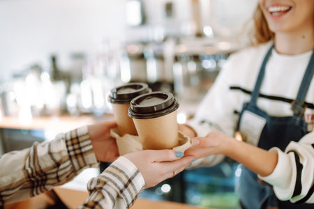 Barista woman at coffee shop holding take away coffee. takeaway food.の写真素材