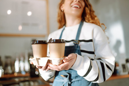 Take away coffee. Barista girl holding take away coffee at the cafe shop. takeaway food.の写真素材