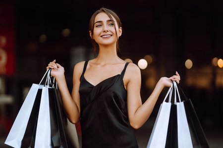 Fashion woman enjoying shopping. Elegant woman wears black dress holding black and white shopping bags.の写真素材