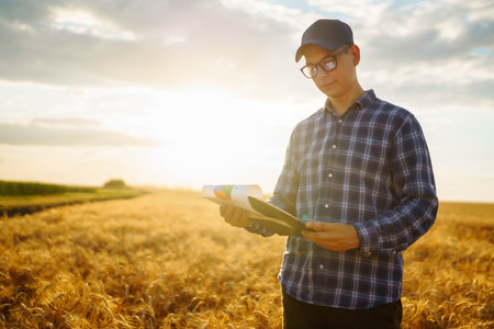 Farmer on a wheat field with a tablet in his hands. Idea of a rich harvest.の写真素材