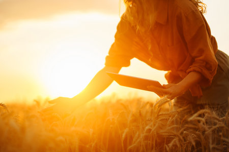 Farm owner with tablet in her hands in wheat field checks quality, progress of harvest. smart farmの写真素材