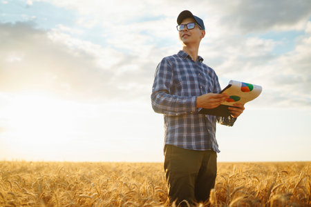Farmer on a wheat field with a tablet in his hands. Idea of a rich harvest.の写真素材