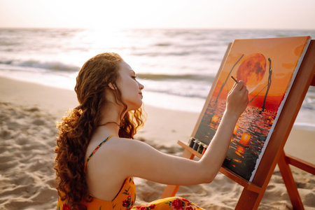 Young female artist drawing the picture at the beach. Hobby and leisure conceptの写真素材