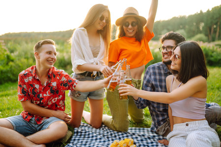 Group of happy friends cheers, drink beers on in summer park. Friendship or holliday concept.の写真素材