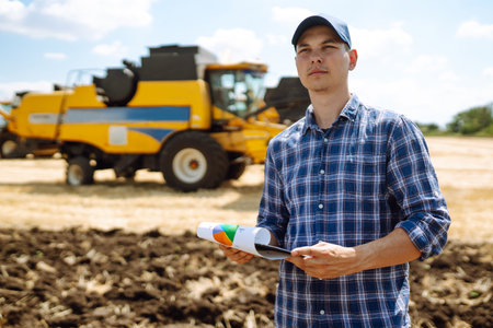 Young farmer with tablet standing in front of combine harvester in field. Gardening, ecology concept