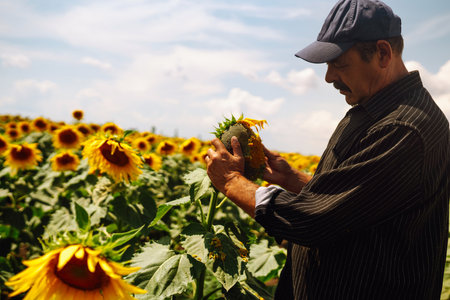 Farmer in the sunflower field. Harvesting, organic farming concept.の写真素材