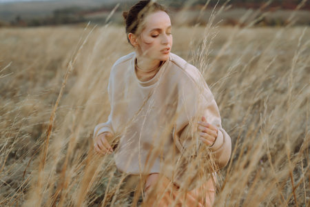 Beautiful model in stylish clothes posing on autumn field. fashion concept. Lifestyle, recreation.の写真素材