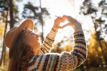 outdoor atmospheric lifestyle. portrait of beautiful woman having fun in autumn forest. warm autumnの写真素材