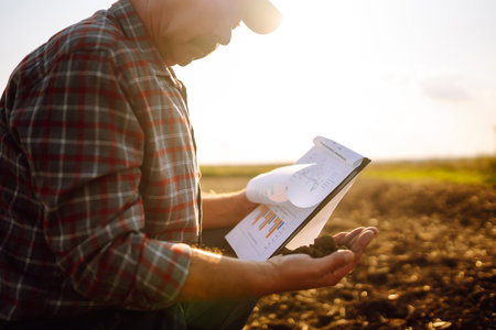 Farmer is checking soil quality before sowing. Agriculture, gardening or ecology concept.の写真素材
