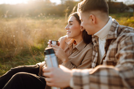 Stylish couple walking, enjoying autumn weather. People, lifestyle, relaxation and vacations conceptの写真素材