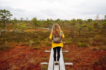 Woman traveler in a yellow coat walks along a wooden walking path along the wetlands. Back view.の写真素材