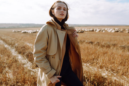 Young woman in stylish clothes posing in autumn field. Nature, fashion, lifestyle. Travel.