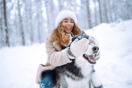 A cheerful husky dog walks with its owner in a snowy forest. Friendship concept, pets.