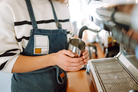 Female barista making coffee in a coffee machine. Conception of business and service. takeaway food.の写真素材