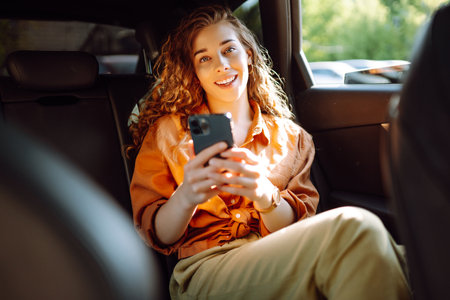 Smiling woman using smartphone while sitting in the back seat of a car. Business, technology concept