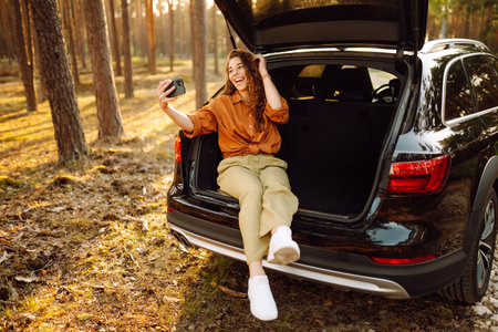 Stylish woman takes selfie, communicates via video call from smartphone in trunk of a car at sunset.